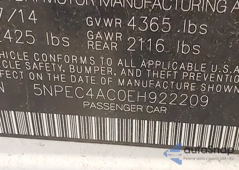 2014 Hyundai Sonata Se z USA, uszkodzony, nr VIN 5NPEC4AC0EH922209